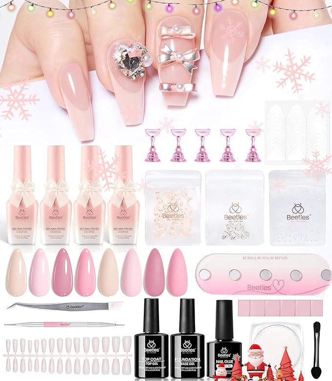 beetles Gel Nail Polish Valentine Gift Set-All in 1 Gel Polish Kit Beetles X DIY nail UV Gel Polish with Top Base Coat,Nail Glue,Nail Tips,Nail Charms-Special Elegant DIY Nail Kit for Women