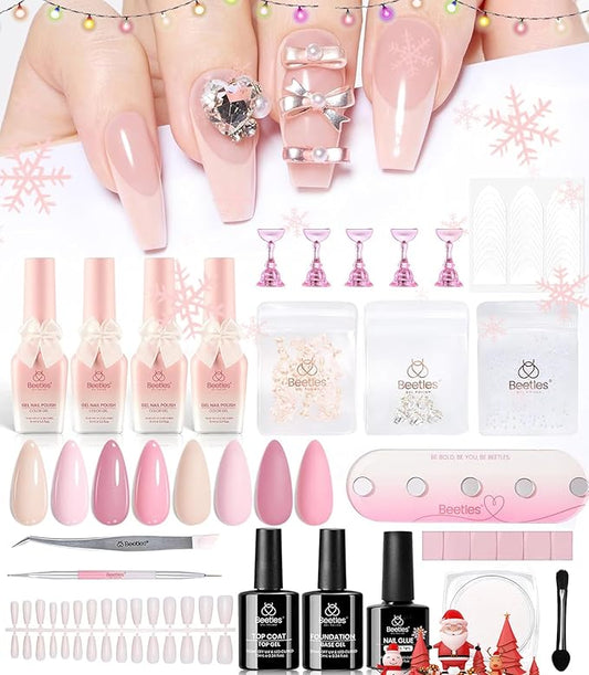 beetles Gel Nail Polish Valentine Gift Set-All in 1 Gel Polish Kit Beetles X DIY nail UV Gel Polish with Top Base Coat,Nail Glue,Nail Tips,Nail Charms-Special Elegant DIY Nail Kit for Women