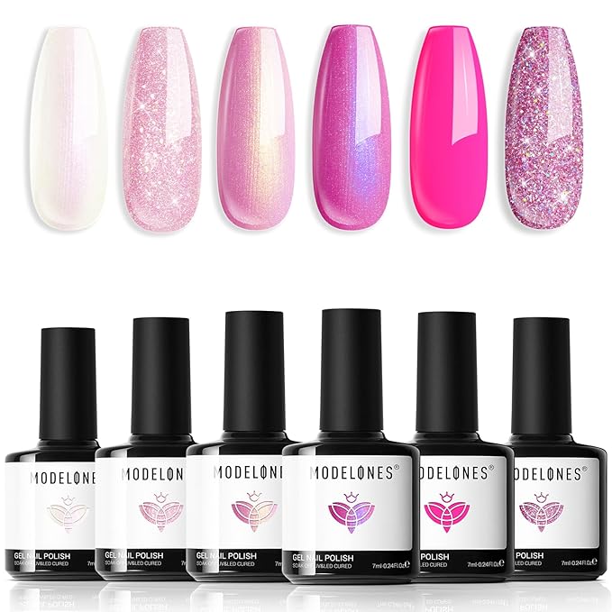 modelones Pink Glitter Gel Nail Polish Set, 6 Colors Hot Pink Tones Sparkle Pink Shades Shimmer Cat Eye for Women Girl Nail Lovers Gift Salon DIY Nail Art Gel Nail Kit