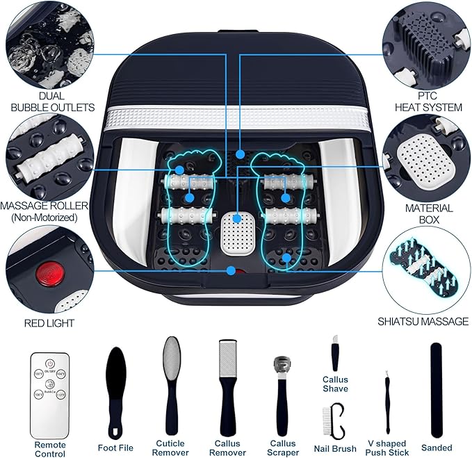 Collapsible Foot Bath Spa with Heat, Remote Control, Massage Rollers, Bubble, Foot Pedicure Kit, Red Light, Pedicure Foot Spa, Foot Bath for Gifts