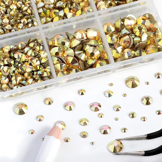 Beadsland 8300PCS Flatback Rhinestones, Gold Rhinestone Nail Gems Round Crystal Rhinestones for Crafts, Mixed 10 Sizes with Wax Pencil and Tweezer Kit, SS3-SS30, Metal Sunlight