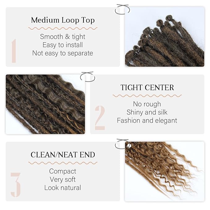 24 Inch 30 Strands SE Dreadlock Extensions Sets，3 In 1 Mixed Synthetic Dreads Extensions, Ombre Deep Brown Straight&Curly&Boho Handmade Dreads Hippie Style Dreadlocks for Woman