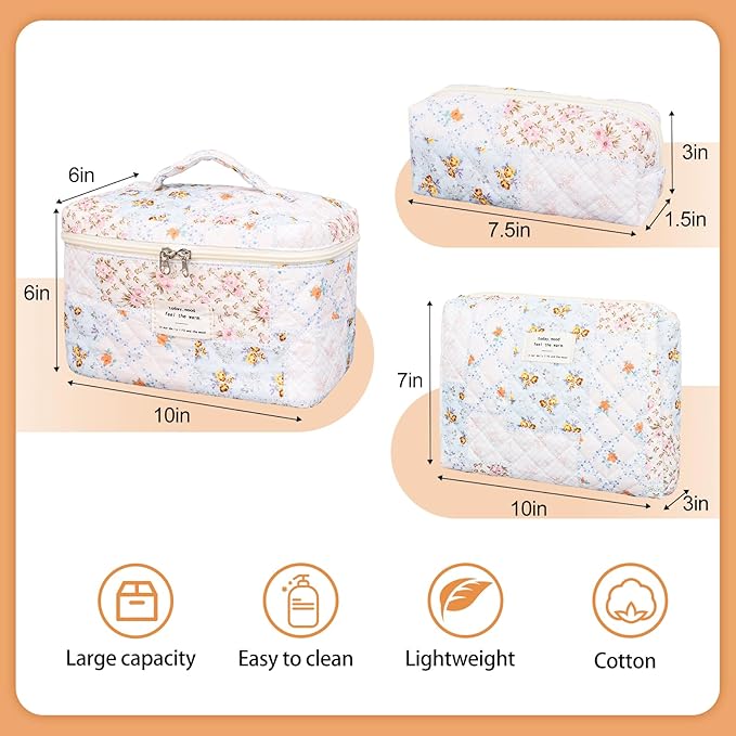 Quilted Makeup Bag,Large Cosmetics Bag Set,Cotton Coquette Floral Make up Pouch,Travel Toiletry Bag for Women
