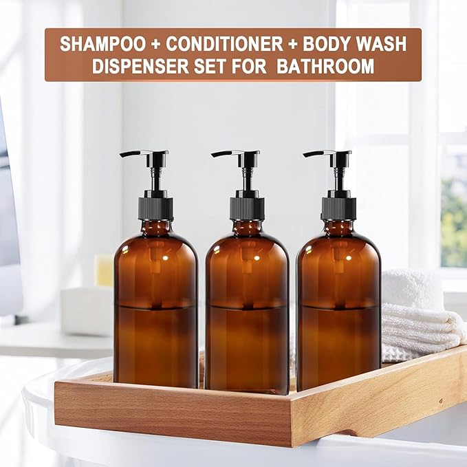 12 Pack 8 oz Amber Glass Bottles with Pumps for Essential Oils, Cleaning Products, Lotions, Aromatherapy Oil, Pump Bottles, Refillable Containers With Cap, Funnel, 12 Chalk Labels, 1 Pen