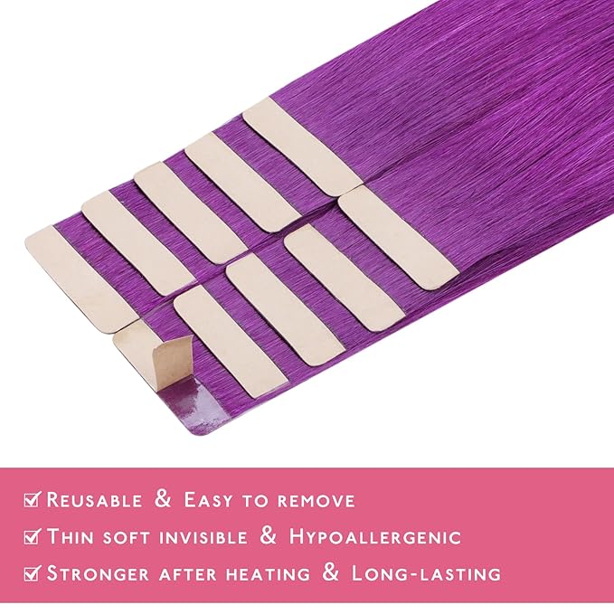 WENNALIFE Tape in Hair Extensions Human Hair Purple Tape in Extensions, 10pcs 25g 14 inch Remy Invisible Tape Ins Straight Colored Soft Real Human Hair Tape in Extensions Refill Set Extensions