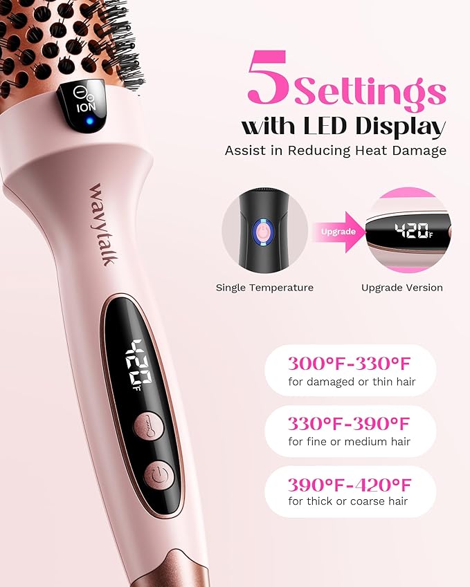 Wavytalk Thermal Brush, Blowout Boost 1.5 inch Heated Round Brush for Blowout Look, Dual Voltage, Pink, Sakura, Tourmaline Ceramic, Negative Ion Technology, 5 Temperature Settings, Less Damage