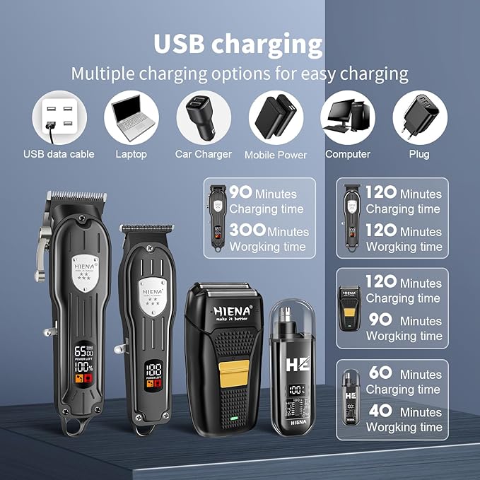 Professional Hair Clipper Kit, Rechargeable Cordless Barber Kit and Hair Cutting Set, Electric Foil Shavers and Beard Trimmers, Ear, Nose Hair Trimmer Set & Facial Grooming Tool (Black)