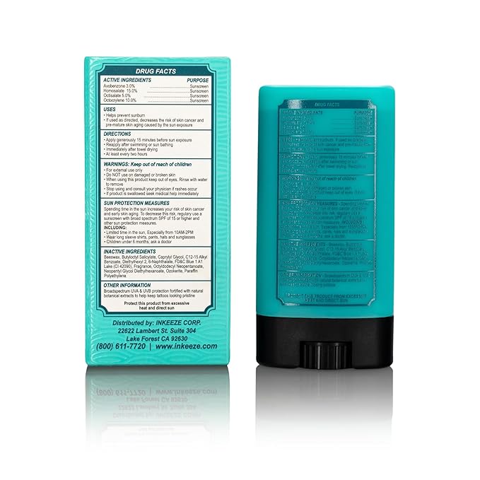 INK-EEZE Tattoo Sunscreen Stick SPF 50, Ink Shield, UVA/UVB Blocking, Dries Clear, Ozone Reef Friendly, Vegan, Made in USA, Coconut, 0.5oz Stick