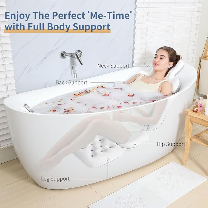 Luxury Bath Cushion, Full Body Bathtub Pillow with 160 Suction Cups, Bath Mat for Head and Neck Support, with Laundry Bag (White, 51.2" x 16.2")