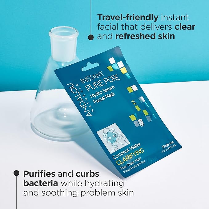 Andalou Naturals Instant Pure Pore Hydro Serum Facial Sheet Mask, Coconut Water, Clarifying, Non GMO, 0.6 Fluid Ounces (Pack Of 6)