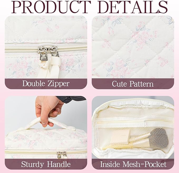 Makeup Bag, 3 PCS Quilted Makeup Bag, Cute Floral Cotton Cosmetic Bag set, Coquette Makeup Pouch Large Travel Toiletry Bag