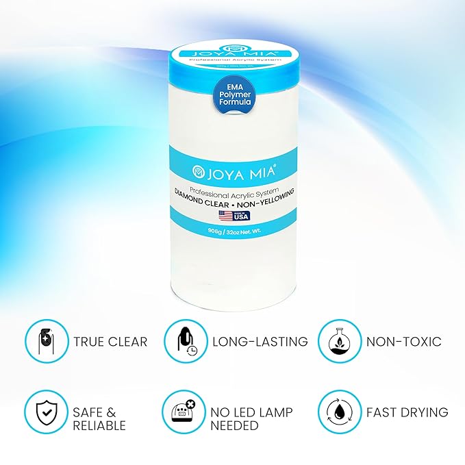 Joya Mia Acrylic Powder for Nails, MMA-Free, Super Adhesion Professional Powder for Flawless & Long-Lasting Nail Enhancements, Easy Application, Vibrant & Stunning Colors - Diamond Clear, 32 oz