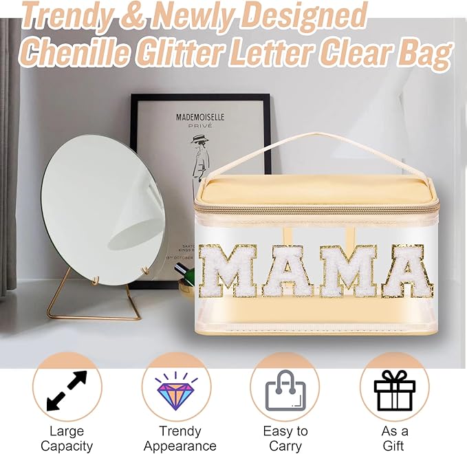 Chenille Letter Clear Makeup Bags Mama Pouch, Preppy Patch Makeup Bag Zipper with Handle, Transparent PVC & Nylon Waterproof Glitter Cosmetic Handbag Travel Toiletry Storage for Women Girl(MAMA-Beige)