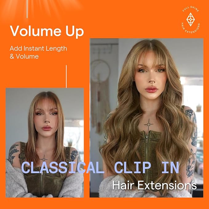 Full Shine Human Hair Extensions Brown Highlight Honey Blonde Hair Extensions Clip in Human Hair Remy Clip in Extensions Straight Hair Thick Hair 22 Inch 7 Pcs 120 G