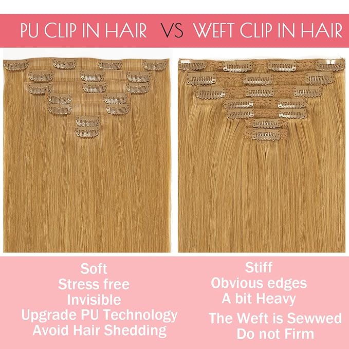 Loxxy Seamless Human Hair Clip in Extensions Blonde 16Inch Thick Full Head Clip on Hair Extensions Remy Human Hair Color 27 Caramel Blonde Natural Real Hair Clip in Extensions For Women 110g 7pcs