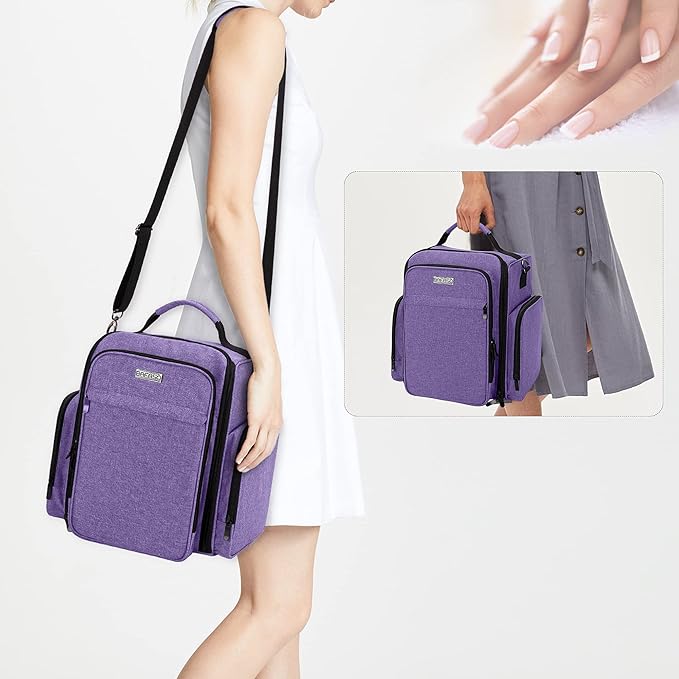 BAFASO Nail Polish Organizer Holds 48 Bottles (15ml - 0.5 fl.oz) and a Nail Lamp, Large Nail Polish Case with 2 Removable Pouches and Multiple Storage Sections (Patented Design), Purple