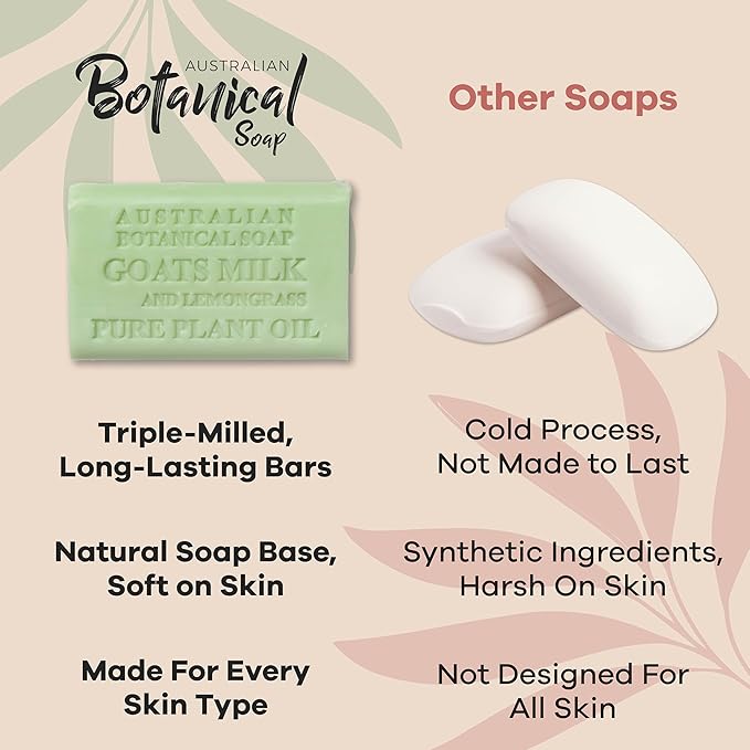 Australian Botanical Goat Milk Soap Bars, 6.8 OZ French Triple Milled Soap for All Skin Types - Lemongrass, Melon, Raspberry, and Shea Butter, Pack of 8