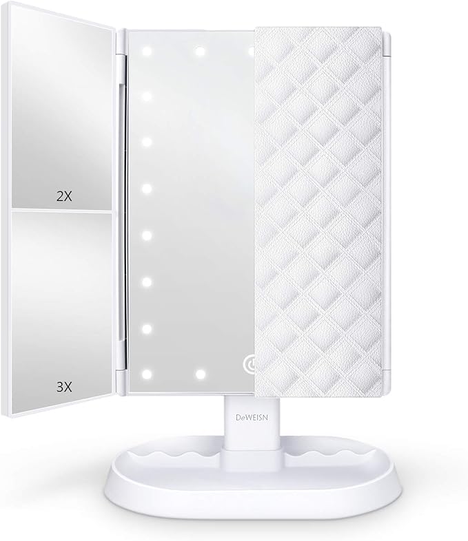 deweisn Trifold Lighted Vanity Makeup Mirror with 21 LEDs Lights,1x/2x/3x Magnification and Touch Screen Dimming,Two Power Supplies Makeup Mirror, Gift for Women