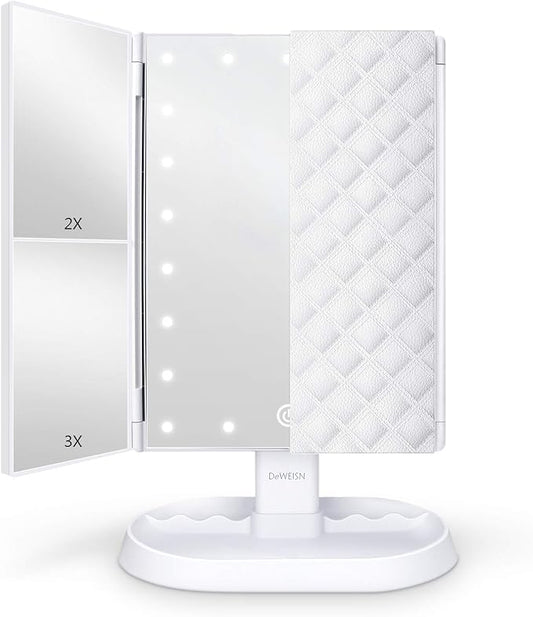 deweisn Trifold Lighted Vanity Makeup Mirror with 21 LEDs Lights,1x/2x/3x Magnification and Touch Screen Dimming,Two Power Supplies Makeup Mirror, Gift for Women
