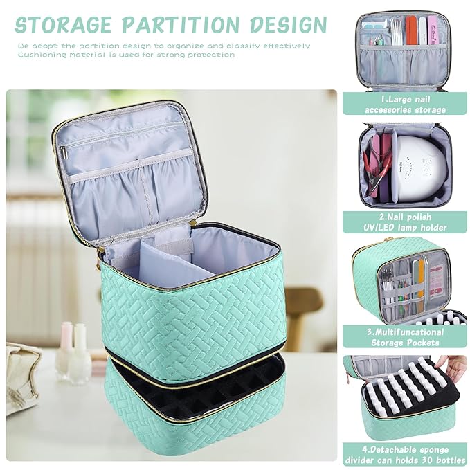 Nail Polish Carrying Case Bag-Holds 30 Bottles, Double-Layer Nail Polish Storage and Nail Dryer Case