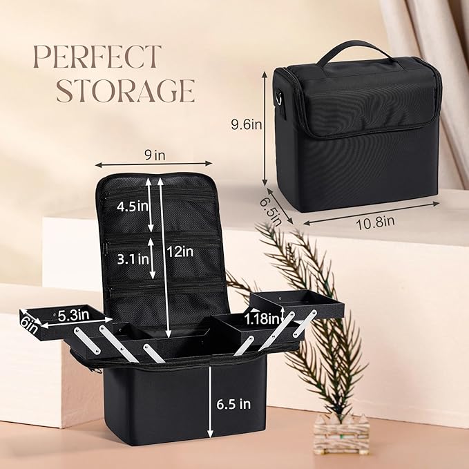 Large Makeup Case,Nail Bag with 4 Tier, Travel Makeup Box Organizer,Nail Kit Storage Tattoo Bag Make Up Case for women/Nail Art/Eyelash Extension/Tattoo/MUA, with luggage sleeve, Black