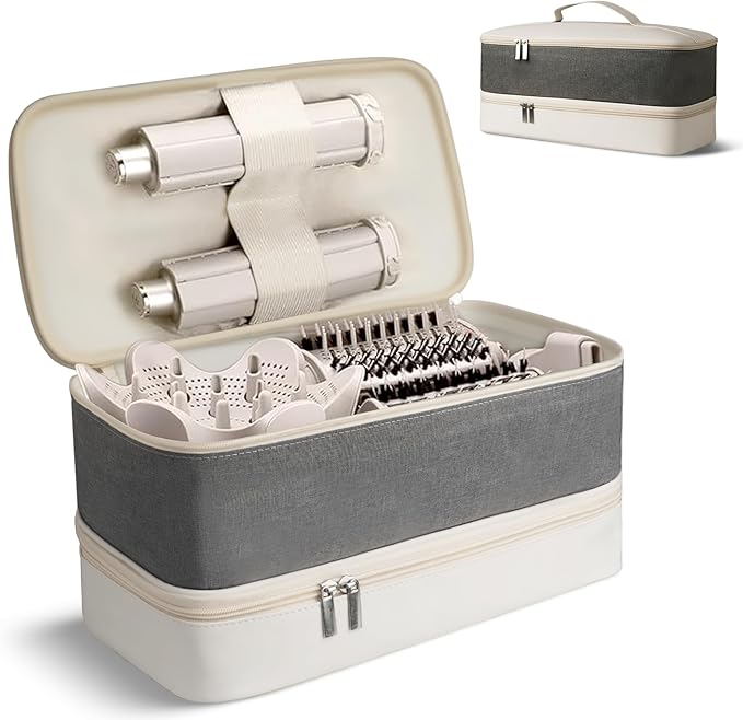 Travel Carrying Case for Shark Flex Style, Double Layer Hair Dryer Accessories Tools Storage Case, Waterproof PU Leather Organizer Bag for Shark Flexstyle/Dyson Airwrap Styler and Attachments (White)