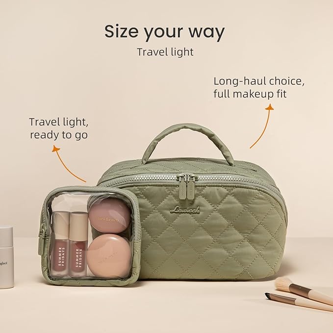 LOVEVOOK Travel Makeup Bag for Women 2Pcs Set, Large Capacity Pouch Open Flat Toiletry Bags with Divider & Handle,Puffer Waterproof Cosmetic Organizer