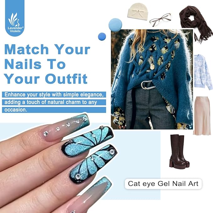 Lavender Violets 49 PCS Cat Eye Gel Nail Polish Set,Solid/Glittery/Nude Pink Jelly Nail Polish Gel/9D Holographic Magnetic Gel Nail Polish Gel Kit with Nail Primer,Base,Glossy,Matte Top Coat A901