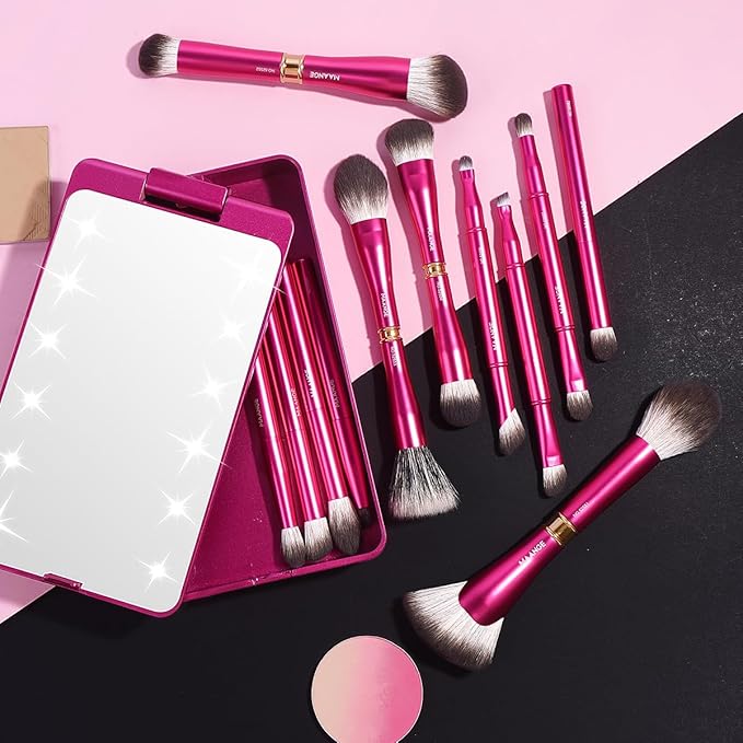 MAANGE 12 Pcs Makeup Brush Set Double-ended Kabuki Brush Travel Makeup Brushes for Foundation Powder Concealers Eye Shadows Makeup Tools Set with LED light Mirror (Pink)