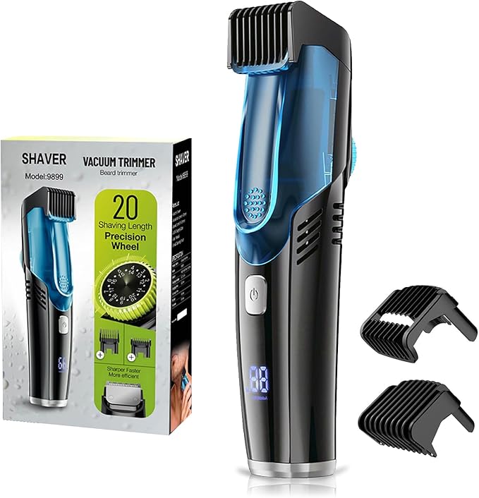 Electric Beard Trimmer for Men, Vacuum Beard Trimmer, 20 Length and Style Settings with Adjustable Length Comb (1-20mm) Mustache Trimmer, Washable, Removable Blades - Blue