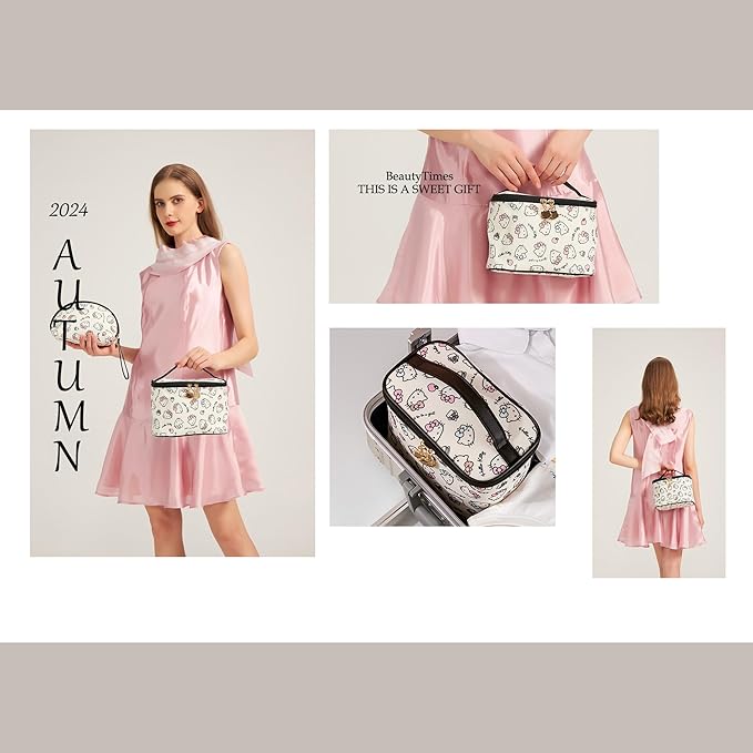 AmBealla Cosmetic Bag Large Makeup Bags White Travel Case with Makeup Brush Holder，2PCS Cosmetic Organizer for women, Toiletry Storage Bag for Skincare & Beauty Tools Sweet Cute for Girls