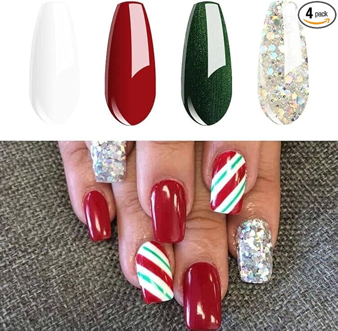 Vishine Soak Off UV LED Christmas Collection Glitter Gel Nail Polish Color Set Of 4 Colors X 8ml Red White Green Sparkle Silver Nail Art Kit Set