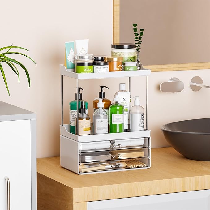2 Tier 3-Drawer Bathroom Counter Storage Organizer - Stackable Design - 14.4" Tall Large Beauty Product Organizer Suitable as Makeup,Beauty,Face Product,Lotion,Skincare Organizer,White