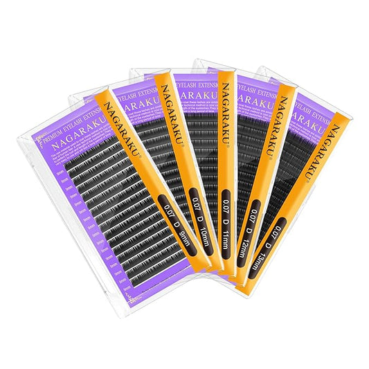 NAGARAKU 5 Trays Eyelash Extensions Individual Lashes 0.07mm D curl 9/10/11/12/13mm in 1 pack Classic Soft Natural Professional Faux Mink 16 rows
