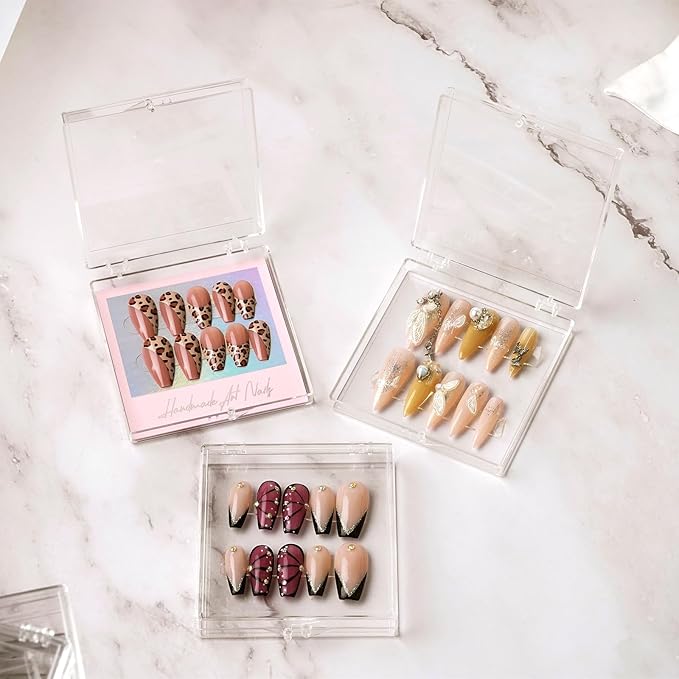 30Boxes + 30 Instruction Cards Large (8 x 8cm) Press On Nail Packaging Storage Box and 90pcs Adhesive Tabs - Acrylic Organizer Case for Artificial Nail for Nail Business Supplies