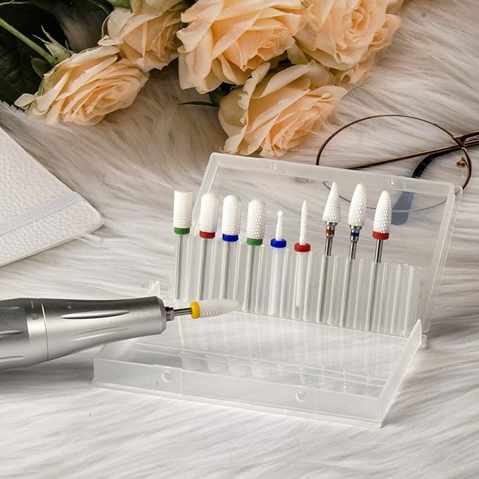 Feecy Nail Drill Bits Set Ceramic for Acrylic Nails Gel Polish Professional, 3/32 Inch Efile Nail Drill Bits Kit for Cuticle Safety Barrel Nail Art Tools with Holder, 10pcs (S10-C)