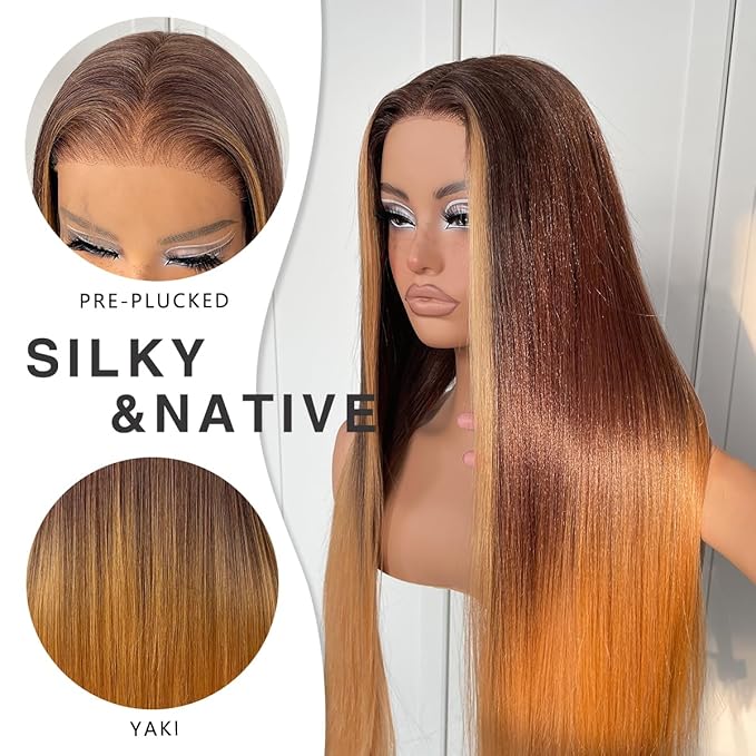 13x6 Ombre Lace Front Wig pre plucked Glueless Highlight Ombre Long Straight Lace Front Wigs Yaki Synthetic Highlight HD Lace Front Wig 1B/30/27