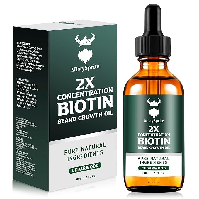 Beard Growth Oil - 2X Concentration Biotin Beard Oil for Men (2 oz) - Natural Mens Beard Oil with Argan Oil, Jojoba Oil and Vitamin, Beard Growth Softener, Moisturizer (Cedarwood)