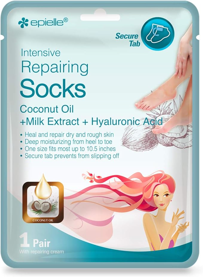Epielle Intensive Repairing Hand & Foot Masks (6 Gloves & 6 Socks) for Dry Hands & Cracked Heels, Coconut Oil and Milk Extract, Mother's Day Gifts, Teacher's Appreciation