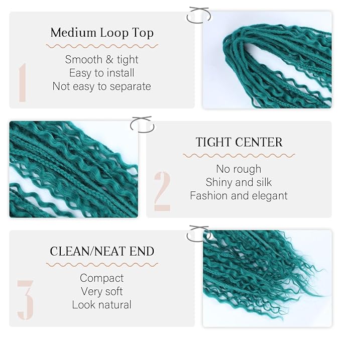 24 Inch Double Ended Dreadlock Extensions Sets, 20 Strands 3 In 1 Mixed Synthetic Dreads Extensions, Castleton Green Straight&Curly&Boho Handmade Dreads Hippie Style Dreadlocks for Woman