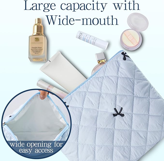 3Pcs Quilted Makeup Bag, Cute Floral Cotton Cosmetic Bag set, Coquette Bow Makeup Pouch Large Travel Toiletry Bag