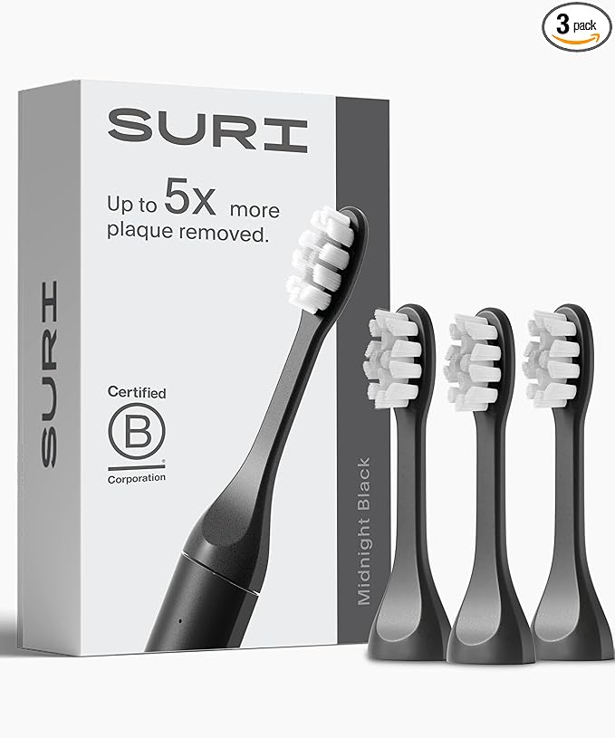 Recyclable Plant-Based, Electric Toothbrush Heads - Built-in Tongue Scraper, Long Lasting Replacement Heads | Compatible Only with SURI Sonic Electric Toothbrush - Midnight Black, Pack of 3