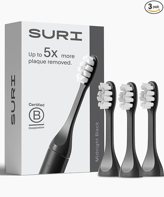 Recyclable Plant-Based, Electric Toothbrush Heads - Built-in Tongue Scraper, Long Lasting Replacement Heads | Compatible Only with SURI Sonic Electric Toothbrush - Midnight Black, Pack of 3