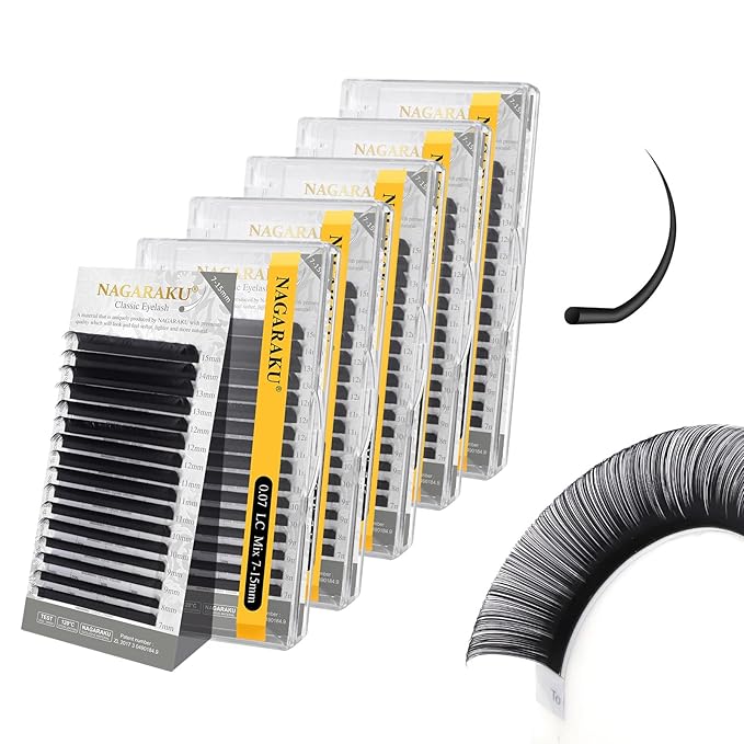 NAGARAKU 5 Trays Eyelash Extensions Individual Lashes Extensions Classic Lash Matte Black 16 Rows Soft Natural Matte Black Professional Beauty Salon Lashes Supplies -0.07LC MIX7-15