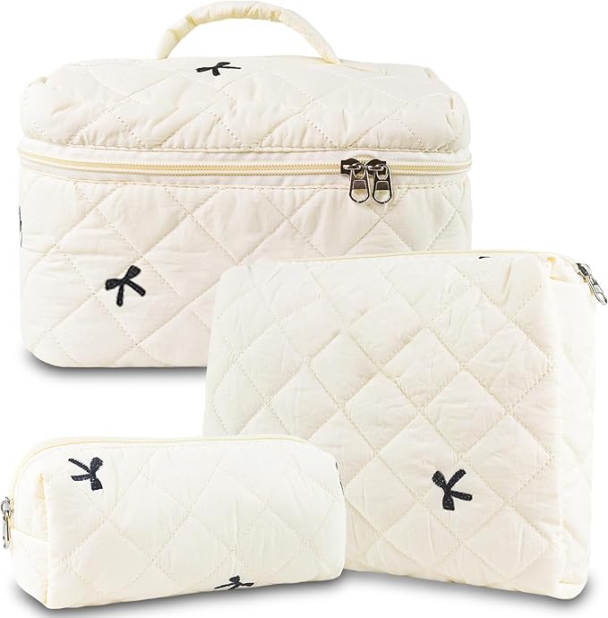 3Pcs Quilted Makeup Bag, Cute Floral Cotton Cosmetic Bag set, Coquette Bow Makeup Pouch Large Travel Toiletry Bag