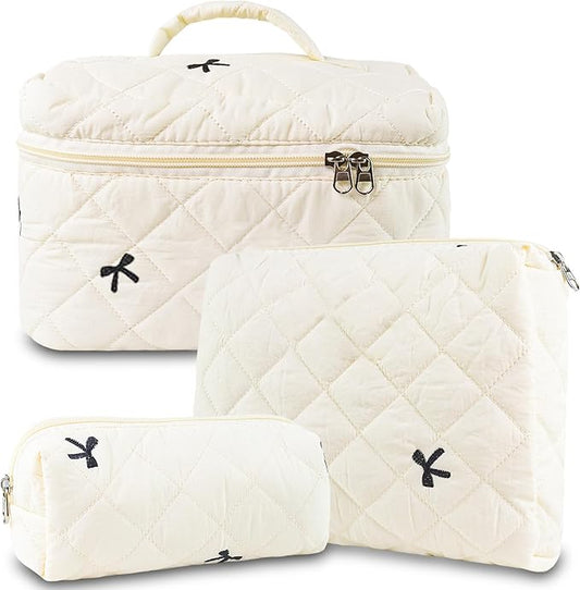 3Pcs Quilted Makeup Bag, Cute Floral Cotton Cosmetic Bag set, Coquette Bow Makeup Pouch Large Travel Toiletry Bag