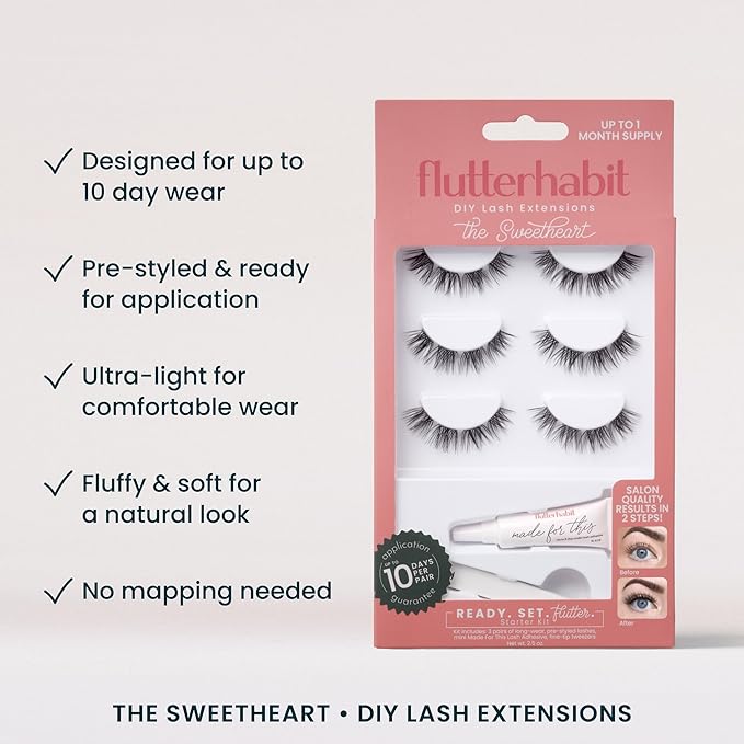 FlutterHabit Sweetheart Ready Set Starter Kit, DIY Eyelash Extensions, Lash Clusters for Women, Professional Quality At Home Eyelash Extension Kit, False Lashes, 3 Lash Sets, Lash Glue Included
