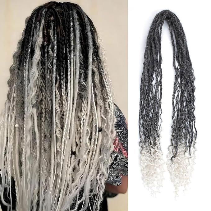 24 In Boho Braid Dreadlock Extensions, 10 Strands Gray to White Synthetic Curly Dreads Extensions with Box Braid, 100% Handmade Dreads Hippie Style Dreadlocks for Woman