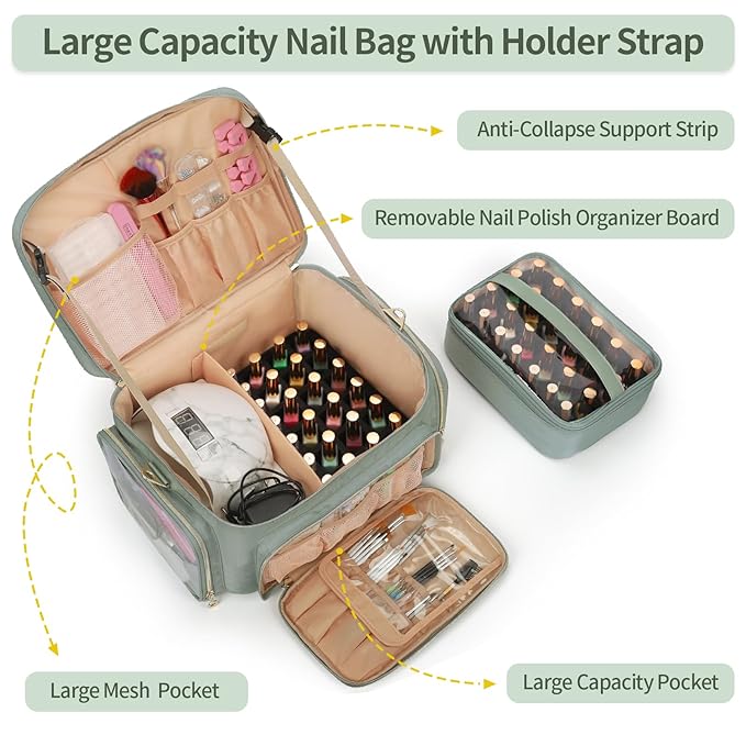 Nail Polish Organizer, Nail Polish Storage Holds 50-70 Bottles & Nail Lamp, Portable Travel Nail Kit Storage Carrying Case Fits Nail Suppiles, Gift for Manicurist, Grils (Green)