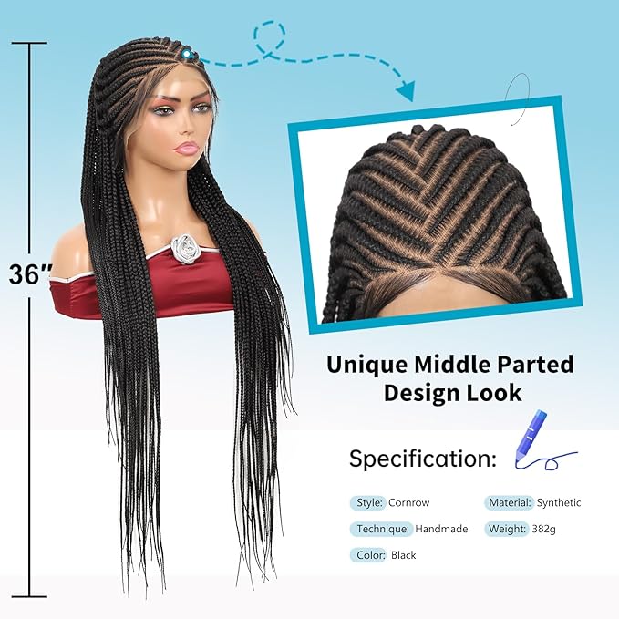 13x8 HD Lace Front Braided Wigs Cornrow Braided Wigs for Women Box Braid Wig with Baby Hair Middle Parted Human Hair Blended Braided Lace Front Wigs Black 36 Inch